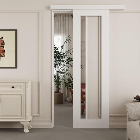 80" Hidden Style Track White Primed 1-Lite Clear Glass Sliding Barn Door with Hardware Kit(No Assembly Required)，32'' x 80'' in Saudi Arabia