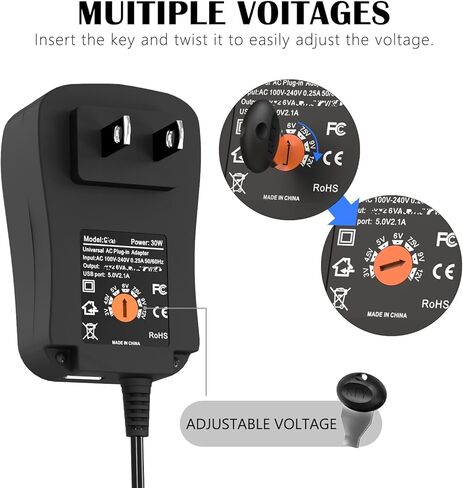Universal 3V~12V 30W Power Supply Charger–Adjustable Voltage 3V 4.5V 5V 6V 7.5V 9V 12V (Up to 2A) with 6 Tips & 5V 2.1A USB Port for Monitor, Router, Camera, Speaker and More Household Electronics in Saudi Arabia