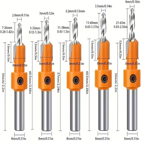 5pcs Heavy-Duty Countersink Drill Bit Set - 8/10mm Round Shank & 2.8-4mm Conical Bits (1/8"-1/4" Compatible) for Woodworking, Deck, Trim, Cabinet Installation in Saudi Arabia