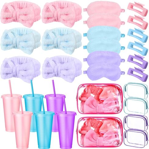 30 Pcs Pink Spa Party Favors for Women Sleepover Party Supplies 6 Pink Bow Hairbands 6 Eye Masks 6 Hair Clips 6 Clear Cosmetic Bags 6 Glitter Cups for Spa Birthday Bachelorette Slumber Gifts in Saudi Arabia