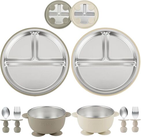 PandaEar 8PCS Baby Feeding Set | Stainless Steel Suction Plates and Bowls with Silicone Fork and Spoon Utensils | Baby Led Weaning Tableware for Toddlers & Kids (Pink & Blue) in Saudi Arabia