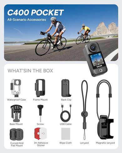 SJCAM C400، كاميرا جيب 4K صغيرة بوف أكشن، كاميرا جسم مغناطيسية صغيرة قابلة للارتداء، مثبت أفقي بـ 6 محاور، مقاومة للماء حتى 30 متر، شاشة تعمل باللمس، ميكروفون مدمج لتسجيل الفيديو، مع مجموعات تثبيت الخوذة، أسود in Saudi Arabia