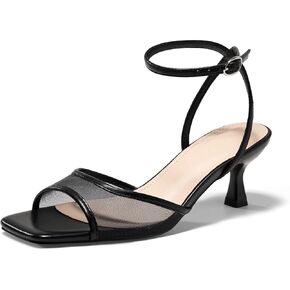 Coutgo إمرأة هريرة كعب منخفض صنادل Strappy شبكة مربعة مفتوحة اصبع القدم مشبك الكاحل حزام الصيف اللباس الأحذية in Kuwait