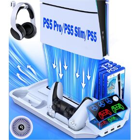 PS5/PS5 Slim Stand and Cooling Station with Controller Charging Station for Playsation 5, PS5 Accessories Kit Incl. 3 Levels Cooling Fan, LED, 15 Game Slot, Headset Holder for PS5 Digital/Disc Console in Kuwait