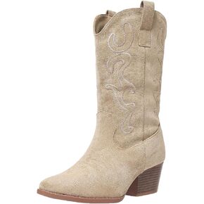 Cowboy Boots for Women Cowgirl Mid Calf Western Style Embroidery Stitched Low Chunky Heel Ladies Fashion Boots, US Size 5-11 in Kuwait