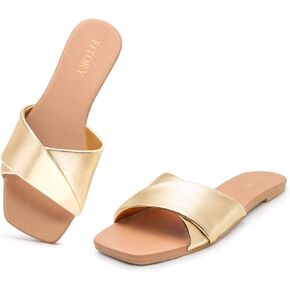 FITORY Women's Flat Sandals, Fashion Square Toe Slides with Cross-Strap | Soft Leather Slippers, Non-Slip Sole, All Day Comfortable Wear, Easy On & Off, Summer Beach Pool Vacation in Saudi Arabia