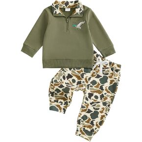 Gueuusu Toddler Baby Boy Girl Hunting Outfit Mallard Duck Embroidery Quarter Zip Collared Shirt Plaid Pants Set Clothes in Saudi Arabia