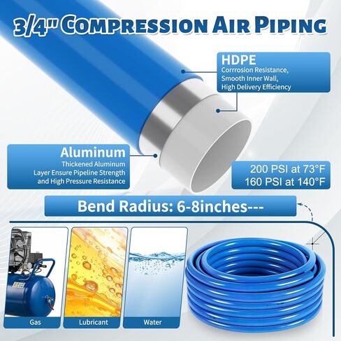 نظام أنابيب الهواء المضغوط 3/4 بوصة 100 قدم من نظام أنابيب الهواء المضغوط HDPE-Aluminum-HDPE مع كتل ألومنيوم رباعية الاتجاهات وصمامات نحاسية ومجموعة تركيبات أنابيب الهواء ملحقات ضاغط الهواء للمرآب in Kuwait