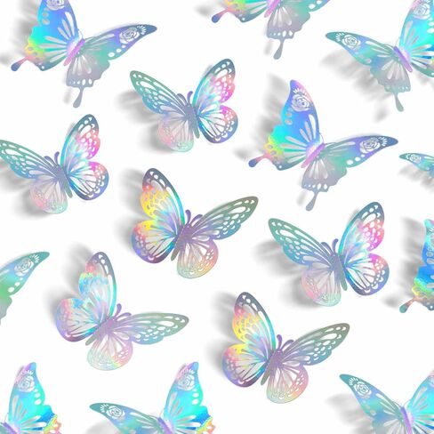 Iridescent Butterfly Decorations, 48Pcs 2 Styles 3 Sizes Butterflies for Cake Cupcake Toppers, 3D Paper Sticker for Bouquet Birthday Baby Shower Girl Room Wall Nursery Decor in Kuwait