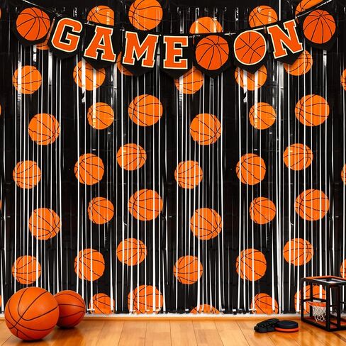 2 Pack Basketball Party Decorations 3.3 x 6.6 ft Basketball Foil Fringe Curtains Black and Orange Photo Backdrop for Sports Party Birthday Race Day in Saudi Arabia