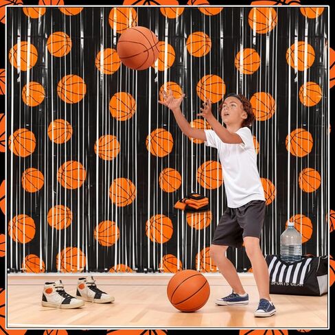 2 Pack Basketball Party Decorations 3.3 x 6.6 ft Basketball Foil Fringe Curtains Black and Orange Photo Backdrop for Sports Party Birthday Race Day in Saudi Arabia