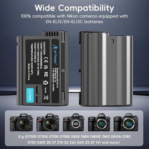 Artman EN-EL15 EN-EL15C بطارية 2500 مللي أمبير (عبوة من قطعتين) وشاحن بفتحتين مع شاشة LCD لكاميرات Nikon D7500 D7200 D7100 D7000 D850 D800 D800E D810 D810A D780 D750 D600 Z8 Z7 Z7II Z6 Z6II Z6III Z5 ZF in Kuwait