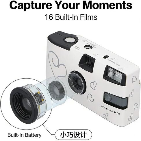 كاميرا فيلم مع بطارية 900 مللي أمبير في الساعة، إعداد يدوي كامل للاستخدام مرة واحدة، مصراع فلاش، 16 قطعة من الأفلام الملونة مقاس 35 مم، جودة صورة قديمة - تبعث على الحنين، فيلم مدمج مريح، مثالية لـ in Kuwait