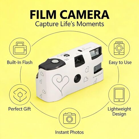 كاميرا فيلم مع بطارية 900 مللي أمبير في الساعة، إعداد يدوي كامل للاستخدام مرة واحدة، مصراع فلاش، 16 قطعة من الأفلام الملونة مقاس 35 مم، جودة صورة قديمة - تبعث على الحنين، فيلم مدمج مريح، مثالية لـ in Kuwait