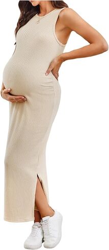 MakeMeChic Women's Maternity Dress Sleeveless Pregnancy Tank Crew Neck Casual Bodycon Maxi Dresses in Saudi Arabia