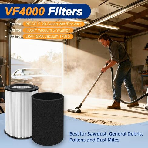 استبدال فلتر VF4000 لمرشحات Ridgid Shop Vac سعة 5-20 جالونًا، ومكنسة كهربائية هاسكي سعة 6-9 جالون، و3 عبوات من مرشحات الفراغ مع 6 عبوات من الإسفنج وفرشاة تنظيف واحدة in Kuwait