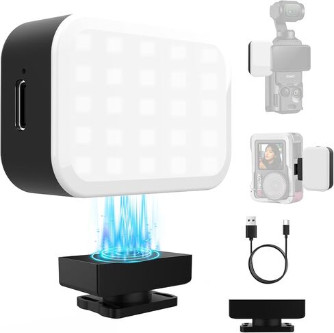 Magnetic Mini LED Light for DJI Osmo Pocket 3, Action Cameras Rechargeable Mini Video Fill Light, Cold Shoe with 1/4" Threaded, 3 Colors, 2 Brightness Levels, 400mAh, for Selfie, Vlog, Video Recording in Saudi Arabia