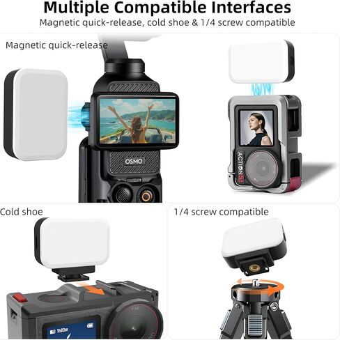 Magnetic Mini LED Light for DJI Osmo Pocket 3, Action Cameras Rechargeable Mini Video Fill Light, Cold Shoe with 1/4" Threaded, 3 Colors, 2 Brightness Levels, 400mAh, for Selfie, Vlog, Video Recording in Saudi Arabia