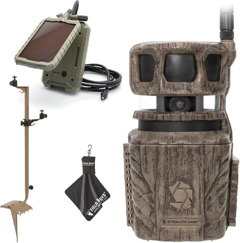 كاميرا Stealth Cam Revolver بدقة 36 ميجابكسل مع فيديو عالي الدقة 1080 بكسل بمعدل 30 إطارًا في الثانية، وسرعة تشغيل 0.4 ثانية، وعرض بانورامي 360 درجة، ونظام تحديد المواقع العالمي المدمج، وشبكة Verizon/AT&T الخلوية، ولوحة شمسية، وعمود تثبيت، وقماش (1PK) in Kuwait