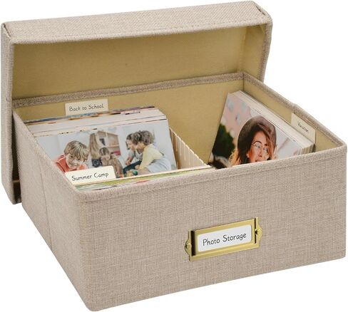Photo Storage Organizer, Sturdy Linen Photo Box with 4 Dividers, 6 Divider Cards and 2 Label Stickers, Stylish Storage Box for Storing Photos, Birthday Cards, Keepsake, Postcard, Beige in Saudi Arabia