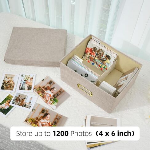 Photo Storage Organizer, Sturdy Linen Photo Box with 4 Dividers, 6 Divider Cards and 2 Label Stickers, Stylish Storage Box for Storing Photos, Birthday Cards, Keepsake, Postcard, Beige in Saudi Arabia