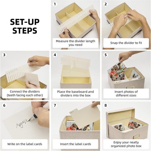Photo Storage Organizer, Sturdy Linen Photo Box with 4 Dividers, 6 Divider Cards and 2 Label Stickers, Stylish Storage Box for Storing Photos, Birthday Cards, Keepsake, Postcard, Beige in Saudi Arabia