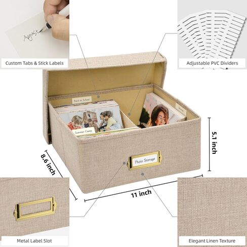 Photo Storage Organizer, Sturdy Linen Photo Box with 4 Dividers, 6 Divider Cards and 2 Label Stickers, Stylish Storage Box for Storing Photos, Birthday Cards, Keepsake, Postcard, Beige in Saudi Arabia