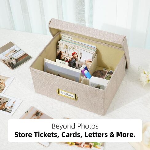 Photo Storage Organizer, Sturdy Linen Photo Box with 4 Dividers, 6 Divider Cards and 2 Label Stickers, Stylish Storage Box for Storing Photos, Birthday Cards, Keepsake, Postcard, Beige in Saudi Arabia