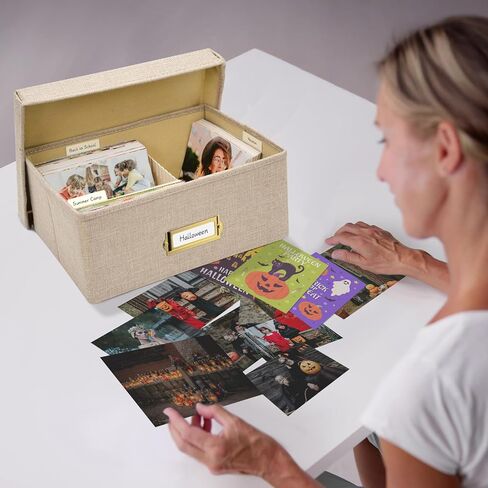 Photo Storage Organizer, Sturdy Linen Photo Box with 4 Dividers, 6 Divider Cards and 2 Label Stickers, Stylish Storage Box for Storing Photos, Birthday Cards, Keepsake, Postcard, Beige in Saudi Arabia