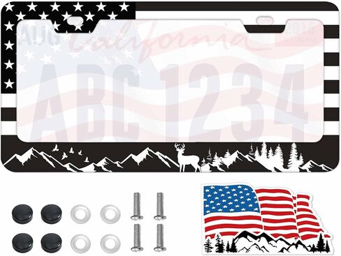 1PCS American Flag License Plate Frame Holder - USA Stars and Stripes Auto Universal Aluminum Matte Car Tag Holder Covers with Sticker & Screws for Men in Saudi Arabia