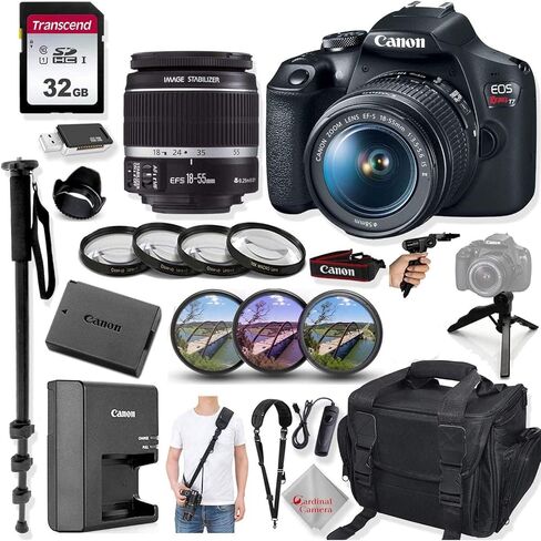 كاميرا Canon EOS Rebel T7 DSLR بدقة 24.1 ميجابكسل وعدسة 18-55 مم وحزام كتف سريع التحرير وحامل أحادي وحامل ثلاثي القوائم وحزمة ملحقات رئيسية in Kuwait