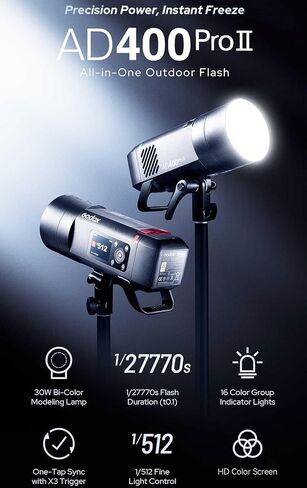 Godox AD400 Pro II AD400Pro II فلاش ستروب خارجي، 400 وات 2.4 جيجا TTL GN72 HSS 1/8000s، 0.01s-1s إعادة التدوير، وضع التجميد 1/27770s، 30W LED ضوء ثنائي اللون 2800K-6000K، 10 خطوات طاقة، ضوء أحادي للتصوير الفوتوغرافي in Saudi Arabia