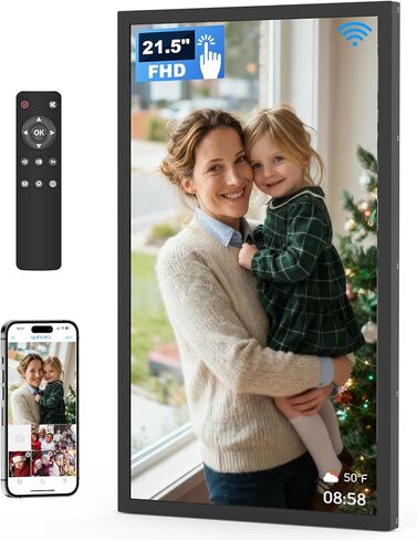 إطار صورة رقمي مقاس 21.5 بوصة بسعة 32 جيجابايت، إطار صور رقمي كبير بدقة 1920x1080 FHD IPS، إطار صور إلكتروني واي فاي مع جهاز تحكم عن بعد، يمكن تثبيته على الحائط، مشاركة الصور/الفيديو عبر التطبيقات، البريد الإلكتروني، أسود in Kuwait