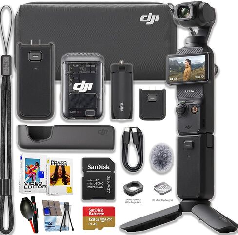 مجموعة DJI Osmo Pocket 3 Creator Combo مع جهاز إرسال/مسجل بمشبك وعدسة زاوية واسعة ومقبض بطارية وحامل ثلاثي صغير وحقيبة حمل + بطاقة Micro SD سعة 128 جيجابايت ومجموعة تنظيف in Kuwait