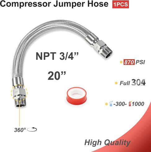 خرطوم ضاغط الهواء مقاس 3/4 بوصة × 20 بوصة - قلب مموج من الفولاذ المقاوم للصدأ، غلاف حماية مضفر، 870 رطل لكل بوصة مربعة، أطراف دوارة مقاس 3/4 بوصة NPT in Kuwait