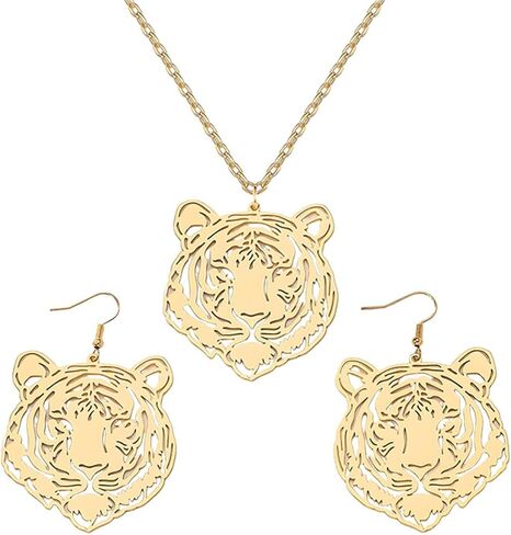 Dreuyet Tiger Head Stud Marrings Necklace مجموعة للنساء الصخور الصخرية الفولاذ المقاوم للصدأ قلادة بسيطة in Kuwait