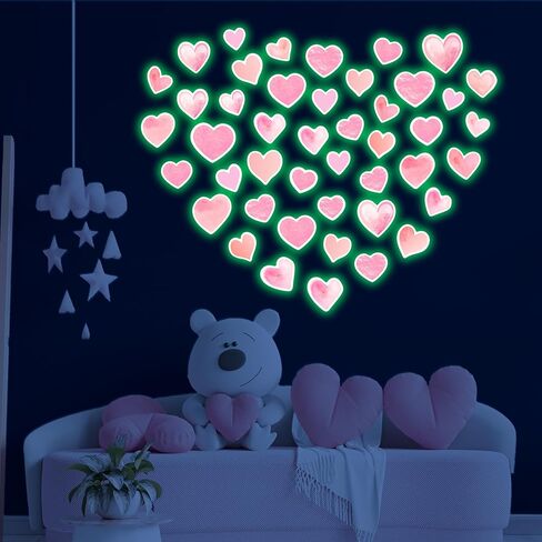 42 pcs Pink Heart Shape Wall Stickers for Girls Bedroom，Glow in The Dark Kids Room Decor, Baby Nursery Ceiling Decals Wallpaper Vinyl Murals in Kuwait