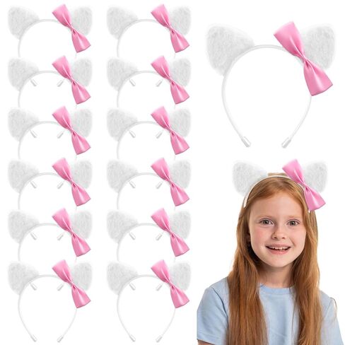 Chanaco 12Pcs Cat Ears Headbands Party Decorations Red Bow Kitty Furry Hair Accessories Cute White Gabby Headpieces Birthday Favors Halloween Costume Kawaii Gifts in Saudi Arabia
