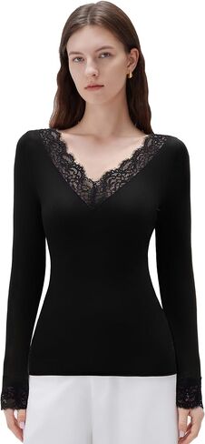 قميص نسائي أساسي من SUUKSESS Cloud Cashmere للنساء برقبة على شكل V وأكمام طويلة من الدانتيل in Saudi Arabia