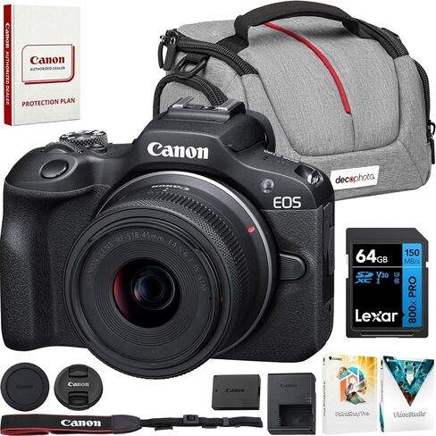 Canon EOS R100 Mirrorless Camera Body with 2 Lens Kit RF-S 18-45mm is STM and RF-S 55-210mm is STM 6052C022 Bundle with Deco Gear Photography Bag + 2 x Battery + 2 x 64GB Memory Cards + Accessories in Kuwait