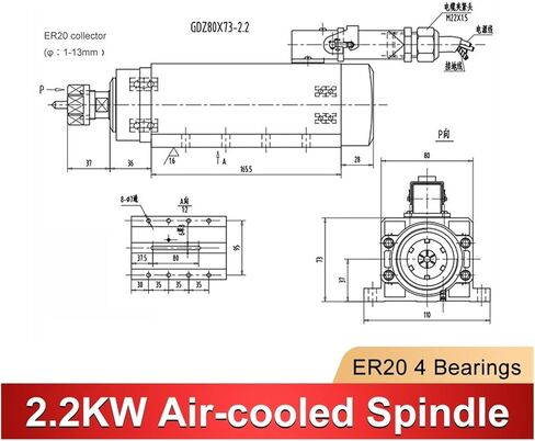 2.2KW air-cooled square spindle motor ER20 220V/380V runout 0.01mm 4-piece bearing spindle(220V) in Saudi Arabia