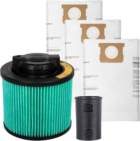 DEWALT Shop Vac Filter أكياس الغبار ومحول أدوات الطاقة، استبدال فلتر مكنسة HEPA 3 عبوات من أكياس الفلتر ومجموعة محول للمكنسة الكهربائية الرطبة والجافة، DXVA19-0502 in Kuwait