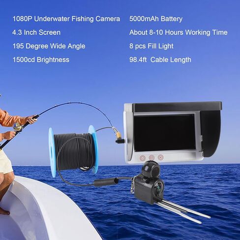 Jiawu Underwater Fishing Camera 4.3 Inch, HD 1080P Ice Fishing Camera Fish Finder, 195 Degree Wide Angle Water Proof, with 98.4ft Cable for Ice Lake Boat Kayak in Saudi Arabia