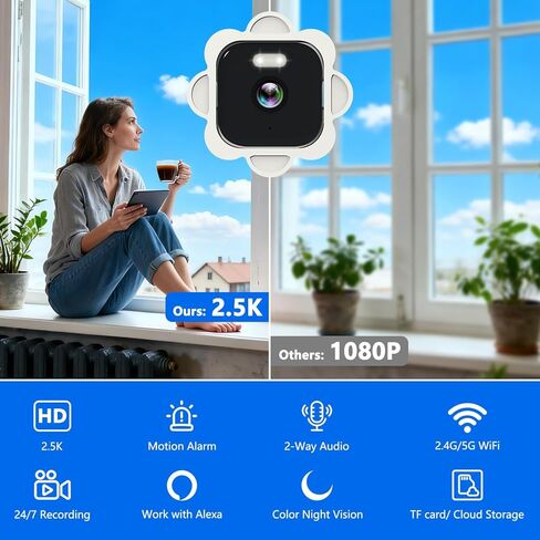 كاميرا نافذة 2.5K، كاميرات أمان للنافذة 5 جيجا هرتز و2.4 جيجا هرتز مع رؤية ليلية ملونة، كاميرا WiFi مع كشف الحركة، تسجيل مستمر، صفارة إنذار، تنبيهات في الوقت الحقيقي، صوت ثنائي الاتجاه (أبيض) in Kuwait