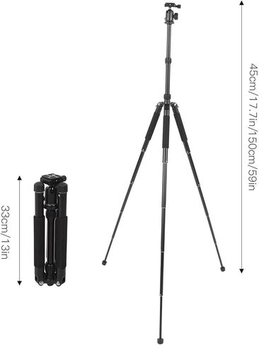 Portable Tripod for SLR and Mirrorless Camera, Aluminum Alloy, 45-150cm Height, Black - Adjustable Ball Head, Foldable Design, Stable Camera Stand for Live Streaming in Kuwait