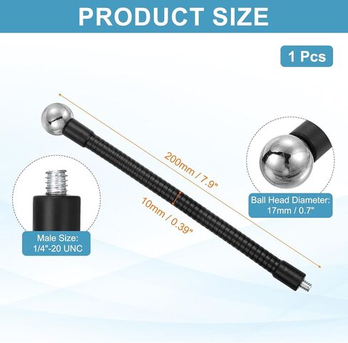 PATIKIL 7.9" Flexible Adjustable Gooseneck with 17.4mm Ball Joint Connector, 1/4"-20 UNC Male Threaded for Selfie Lights Phone Clip Bracket Tripod Stand, Black in Saudi Arabia