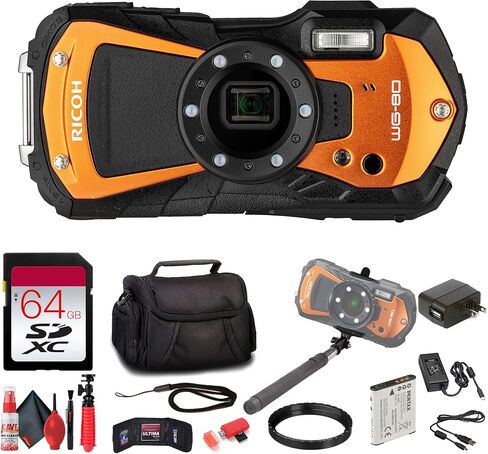 Ricoh WG-80 Rugged Waterproof Digital Camera (Orange) Shockproof Freezeproof Compact Design | Full HD Video LED Macro Lights for Outdoor Travel Adventure + 64GB Card + More (12 Pc Bundle) in Saudi Arabia