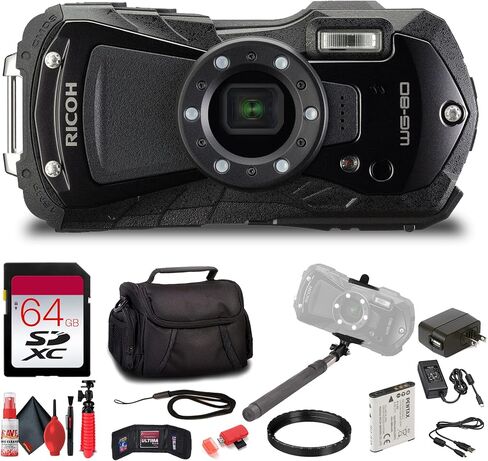 Ricoh WG-80 Rugged Waterproof Digital Camera (Black) Shockproof Freezeproof Compact Design | Full HD Video LED Macro Lights for Outdoor Travel Adventure + 64GB Card + More (12 Pc Bundle) in Kuwait