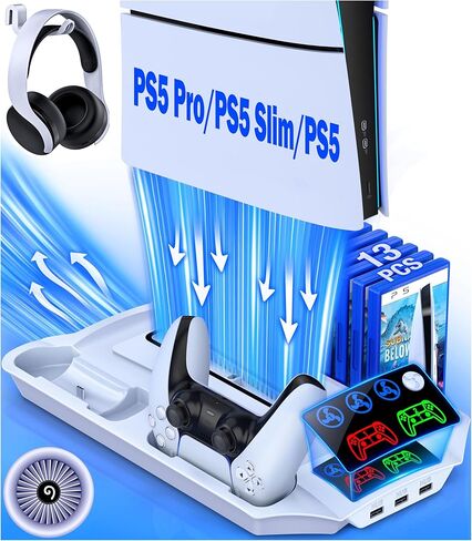 PS5/PS5 Slim Stand and Cooling Station with Controller Charging Station for Playsation 5, PS5 Accessories Kit Incl. 3 Levels Cooling Fan, LED, 15 Game Slot, Headset Holder for PS5 Digital/Disc Console in Kuwait