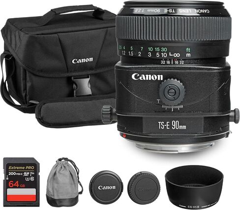 عدسة Canon TS-E مقاس 90 مم f/2.8 قابلة للإمالة | التحكم في المنظور مع التركيز اليدوي والعمق الإبداعي للمجال | رائعة للهندسة المعمارية والتصوير الفوتوغرافي في الاستوديو (2544A003) + حقيبة كتف + بطاقة سعة 64 جيجابايت in Kuwait